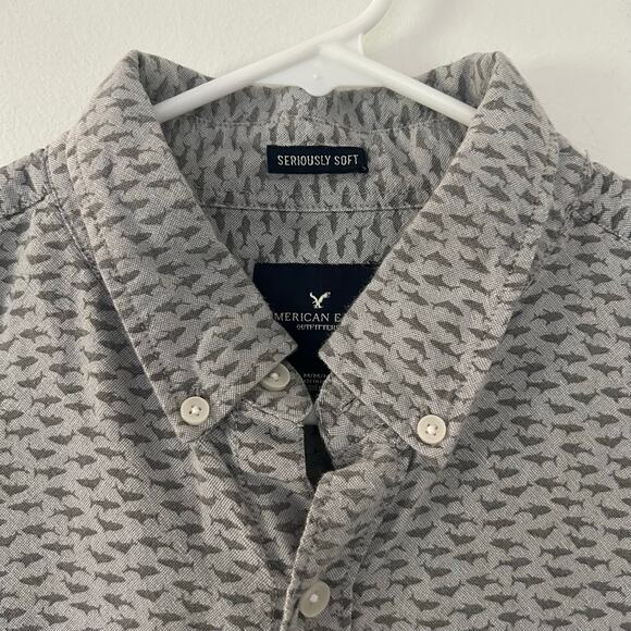 American Eagle Men's Gray Shark Long Sleeve Button Down Cotton Shirt M Medium - Picture 3 of 9